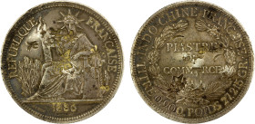 CHINESE CHOPMARKS: FRENCH INDOCHINA, AR piastre, 1886-A, KM-5, deeply toned, some light oxidation, several large Chinese merchant chopmarks on both si...
