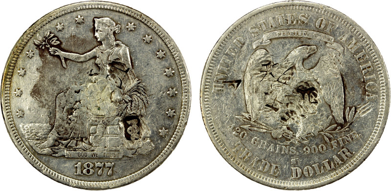 CHINESE CHOPMARKS: UNITED STATES: AR trade dollar, 1877-S, KM-108, cleaned, nume...