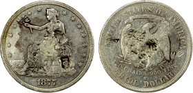 CHINESE CHOPMARKS: UNITED STATES: AR trade dollar, 1877-S, KM-108, cleaned, numerous large Chinese merchant chopmarks and one possible Lao chopmark on...