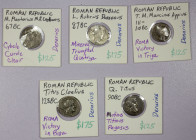 ROMAN REPUBLIC: LOT of 5 AR denarii, including Crawford-260/1, 299/1b, 341/1, 348/3, and 409/2; all nearly VF to VF and attributed on accompanying hol...