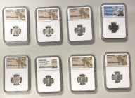 ROMAN EMPIRE: LOT of 8 NGC-certified coins, including 7 Severan AR denarii: Caracalla (4 pcs: AU, AU, Ch XF, XF), Geta (as caesar, 1: Ch XF), and Elag...