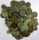 BYZANTINE EMPIRE, etc.: LOT of 87 copper coins, several dozen Byzantine copper coins of various periods, plus a mixture of other ancient coins, probab...