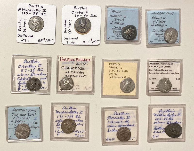 PARTHIAN KINGDOM: LOT of 12 silver drachms, including Mithradates I (1 pc, Fine,...