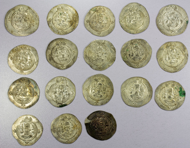 SASANIAN KINGDOM: LOT of 18 silver drachms, including trade issues bearing the m...