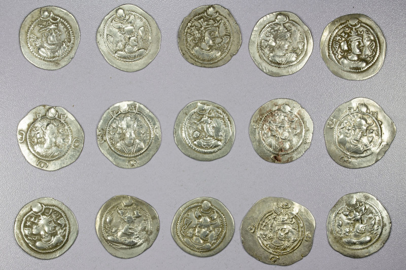 SASANIAN KINGDOM: LOT of 15 silver drachms, including Peroz (7 pcs, mints of AS,...