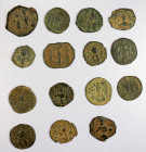 ARAB-BYZANTINE: LOT of 11 Arab-Byzantine & 4 Byzantine copper coins, Arab-Byzantine: 8 of the common Hims mint with Arabic tayyib below the reverse, o...