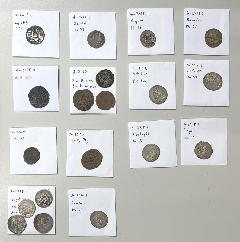 ILKHAN: LOT of 13 silver double dirhams and 6 copper fulus, Silver: type A-2218....