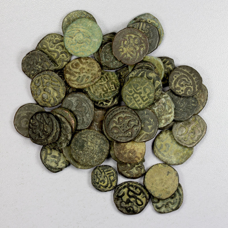 MEHRABANID: LOT of 52 copper jitals, mostly type A-2360 of 'Izz al-Haqq Karman, ...