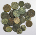 MEDIEVAL ISLAMIC: LOT of 25 copper coins, includes several Umayyad copper (common types, mostly F-VF condition), plus a few Ayyubid, Seljuq or Rum, Ka...