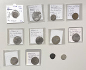 MEDIEVAL ISLAMIC: LOT of 10 silver & 2 copper coins, silver dirham unless noted; Umayyad: (2 pcs) Manadir AH93 and al-Taymara 90; Abbasid: (6) Madinat...