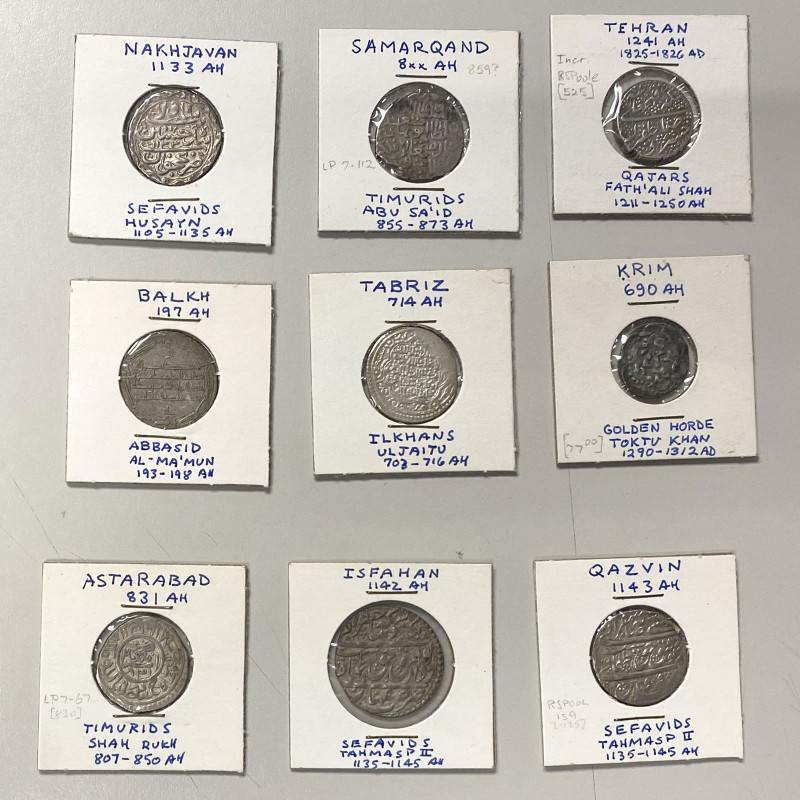 MEDIEVAL ISLAMIC: LOT of 9 silver coins, a diverse group including Abbasid AR di...