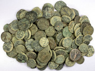 KUSHAN: LOT of 121 copper coins, mostly full unit denomination, including Vima Kadphises, many of Kanishka I, Huvishka, and Vasudeva I, plus a few lat...
