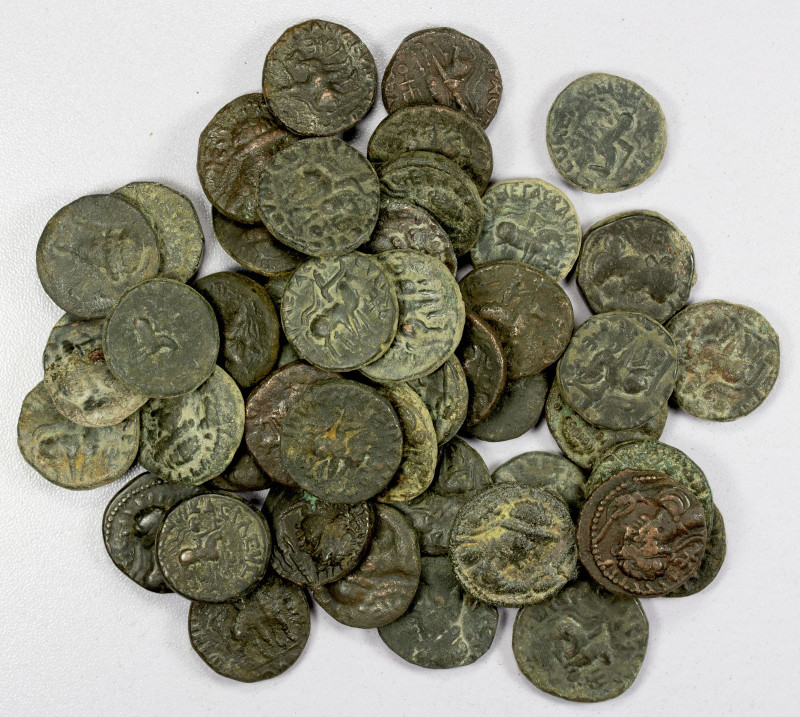KUSHAN: LOT of 46 copper coins, all of Vima Takto (aka Soter Megas), ca. 90-113 ...