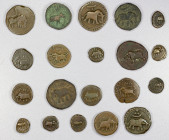 MYSORE: Tipu Sultan, 1782-1799, LOT of 20 copper coins, including the mints of Bangalur (3 pcs), Khaliqabad (7, mostly crude examples of the ¼ paisa),...