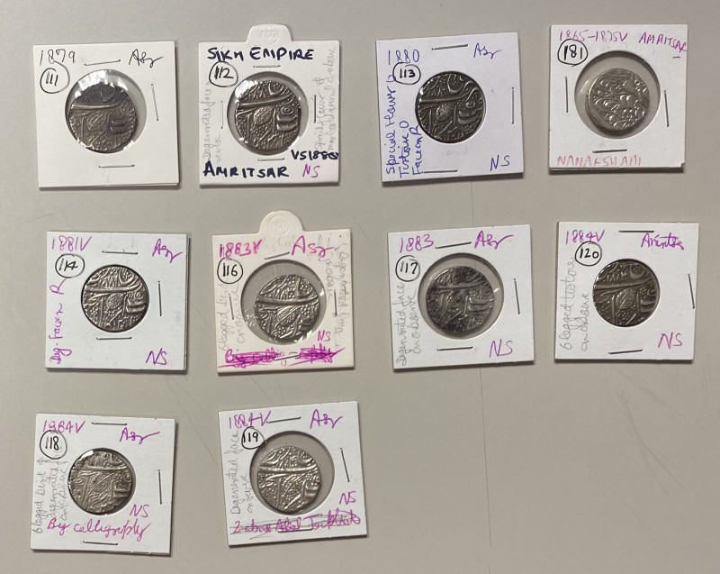 SIKH EMPIRE: LOT of 10 silver rupees, Amritsar Mint, type KM-20.1 (Herrli-01.07....