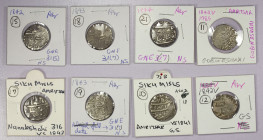 SIKH EMPIRE: LOT of 8 silver rupees, Amritsar Mint, type KM-A20.3 (Herrli-01.05.04), nanakshahi rupee: VS1842, 1843 (3 pcs, one showing the full GNE y...