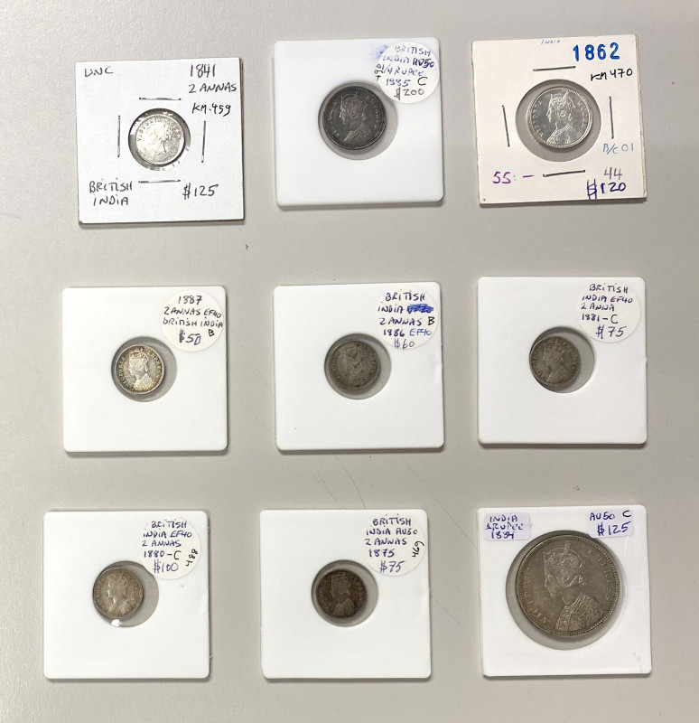 BRITISH INDIA: LOT of 9 better quality silver coins, in the name of Victoria: 2 ...