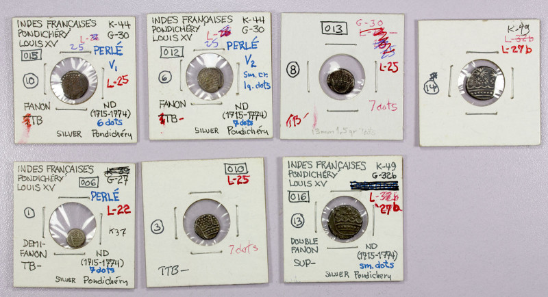 FRENCH INDIA: PONDICHÉRY: LOT of 7 silver coins, including types KM-37, AR ½ fan...