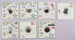 FRENCH INDIA: PONDICHÉRY: LOT of 7 silver coins, including types KM-37, AR ½ fanon (1 pc, VG); KM-44, AR fanon (4, including two Fine and two VF); and...