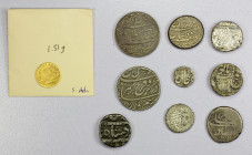 INDIA: LOT of 9 silver and 1 small gold coin (rupee unless noted) Silver: Paramata (gadhaya), Mughal (Farrukhsiyar, Itawa 1127/4); Bengal Presidency (...