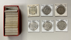 BELGIUM: LOT of 38 coins, including a variety of silver coinage - 50 centimes (6), 1 franc (3), 2 francs (5), 5 francs (13), 50 francs (8), 100 francs...