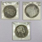 DENMARK: LOT of 3 coins, 2 rigsdaler accession commemorative 1863 KM-770 and speciedaler KM-695.1 1826 FF and 1839 FF (scratches); retail value $400, ...