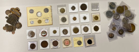 EUROPE: Various, LOT of 66 items, including France: 20 various tokens (advertising tokens, Paris souvenirs, etc.), coins, an encased postage stamp, an...
