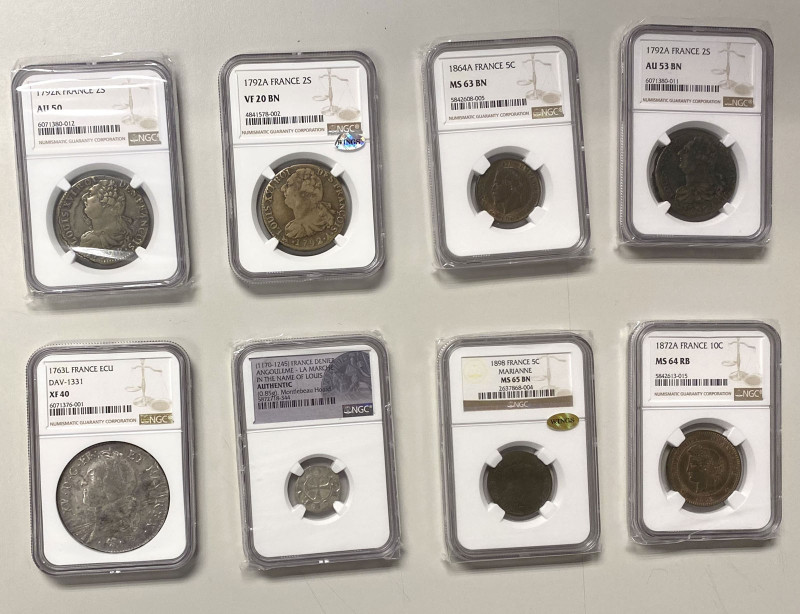 FRANCE: LOT of 8 NGC-certified coins, including Medieval: Angoulême AR denier in...