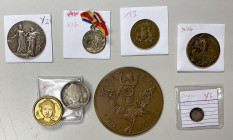 FRANCE & COLONIES: LOT of 8 medals and coins, including France (3 pcs, 1931 Exposition Coloniale-Asie [one each in silvered bronze and brass (plain ed...