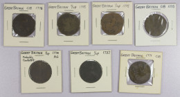 GREAT BRITAIN: LOT of 7 coins, including 6 contemporary counterfeit British halfpennies, one of which is a Machin's Mills, and one evasion, an interes...