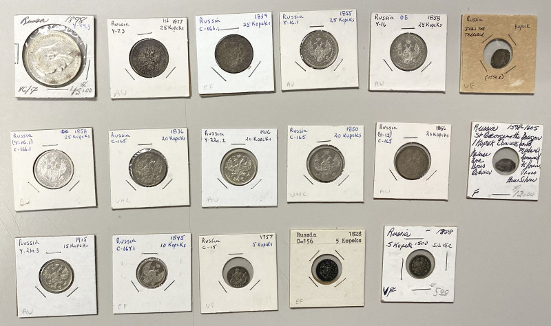 RUSSIAN EMPIRE: LOT of 17 silver coins, including kopek (2 pcs, wire money), 5 k...