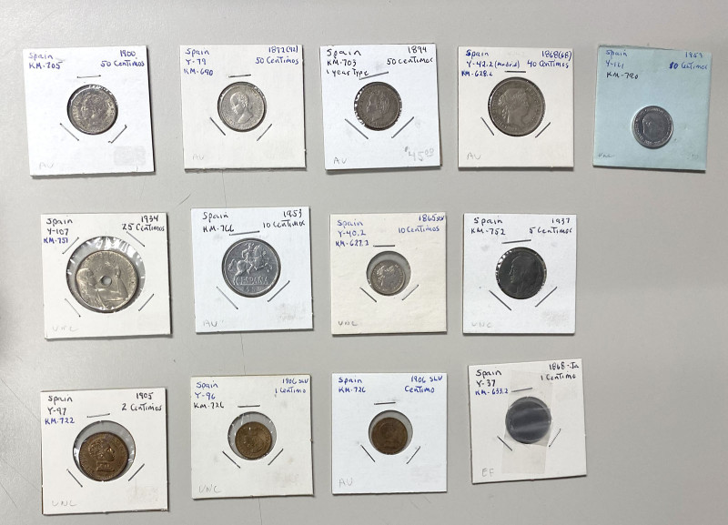 SPAIN: LOT of 13 coins, including centimo (3 pcs), 2 centimos (1), 5 centimos (1...