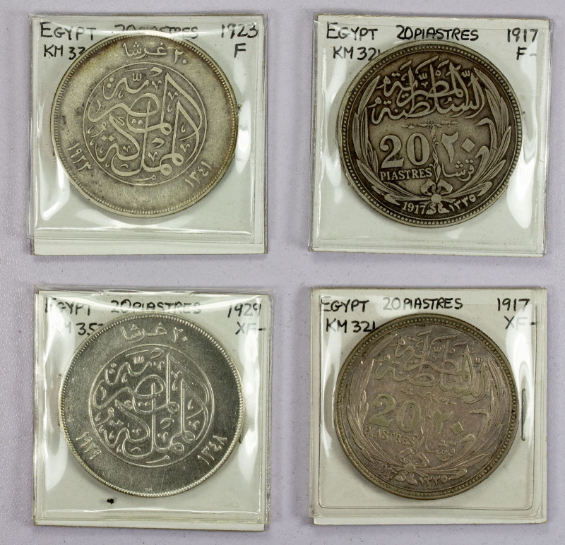 EGYPT: LOT of 4 coins, 20 piastres - KM 338 1923 aVF, KM-352 1929 hairlined EF, ...
