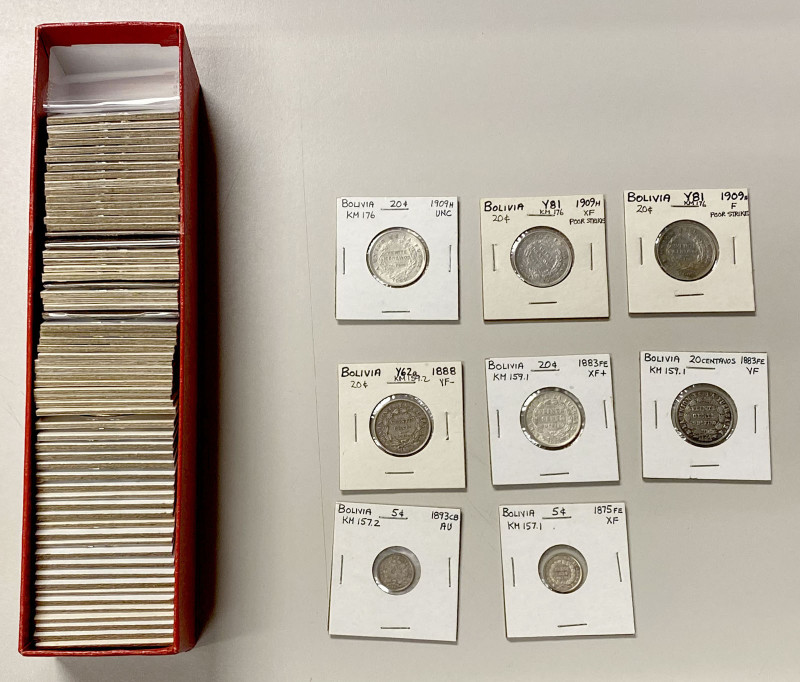 BOLIVIA: LOT of 72 coins, including a nice variety of silver coinage - Spanish C...