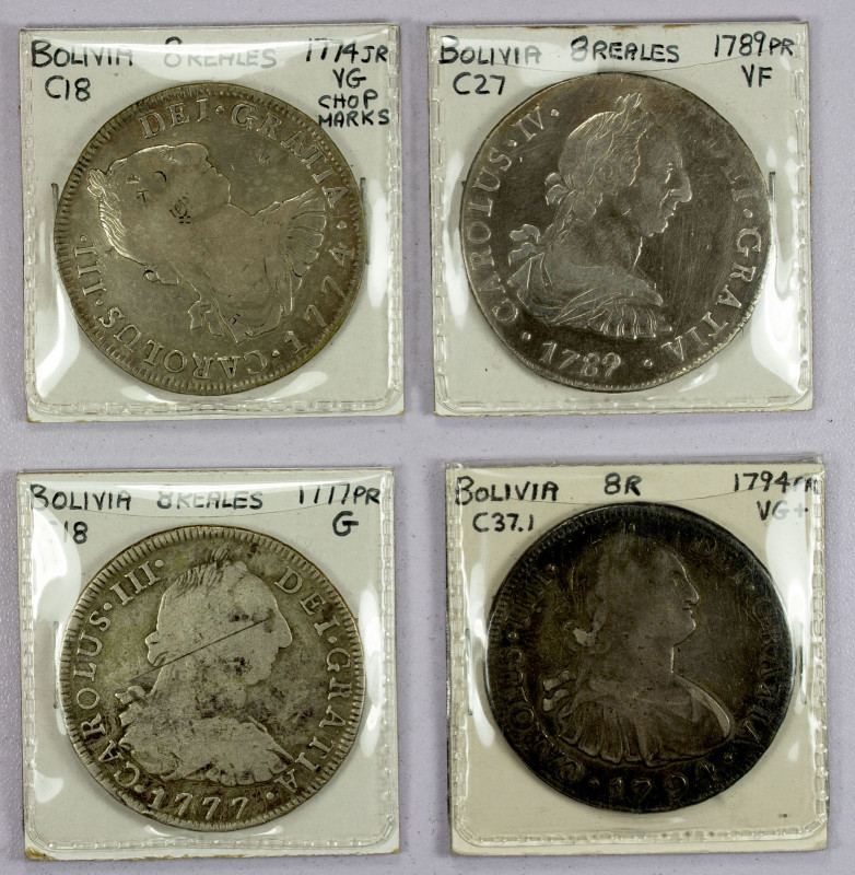 BOLIVIA: LOT of 4 coins, portrait Spanish Colonial 8 reales including 1774-JR Fi...