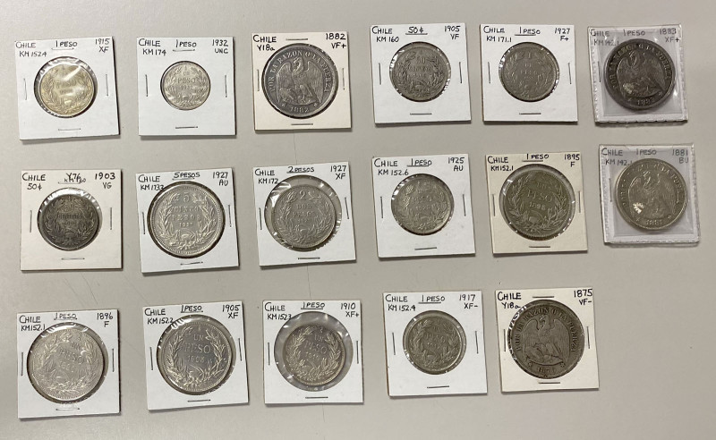 CHILE: LOT of 17 coins, including pesos of type KM-142 (4 pcs), one of which is ...