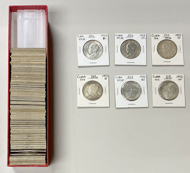 CUBA: LOT of 69 coins, all silver coins from 1915 to 1953, 9 of which are silver...