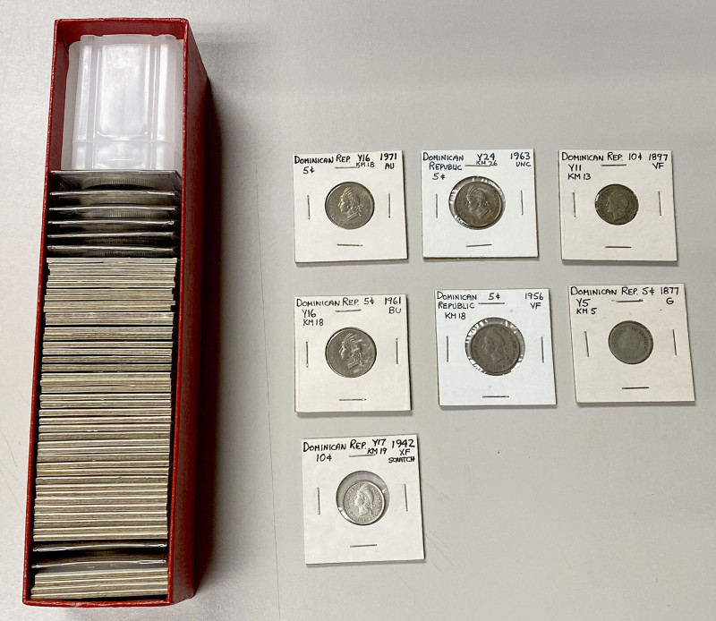 DOMINICAN REPUBLIC: LOT of 59 coins, including many silver coins and UNC example...