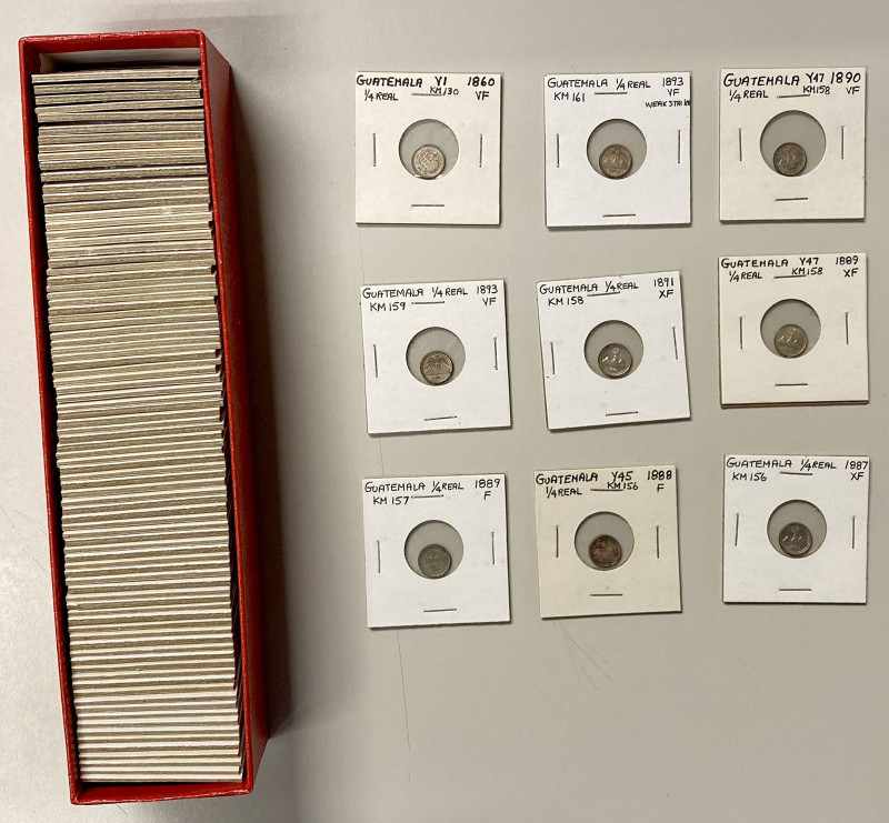 GUATEMALA: LOT of 94 coins, including silver ¼ real (33 pcs), 1/2 real (14), 1 r...