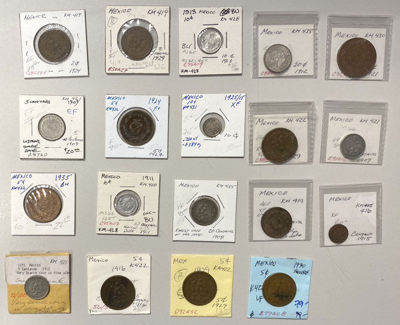 MEXICO: Estados Unidos, LOT of 19 coins, including centavo (1 pc), 2 centavos (3...