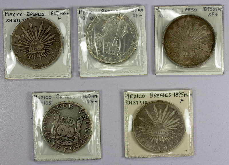 MEXICO: LOT of 5 coins, a selection of 8 reales, 1760MoMM KM-105 F, 1789 MoFM KM...