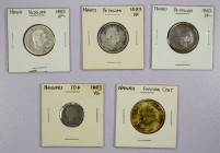 HAWAII: LOT of 5 coins, including 1883 25 cent pieces (3 pcs), 1883 10 cents (1) and brass souvenir cent; retail value $400, lot of 5 pieces, ex Almer...