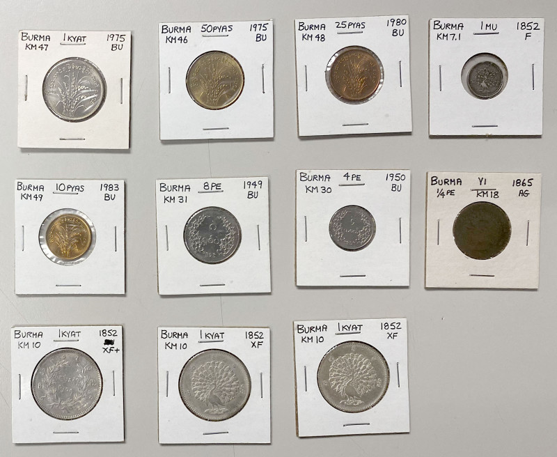 BURMA: LOT of 11 coins, group includes a wide variety of coins including copper ...