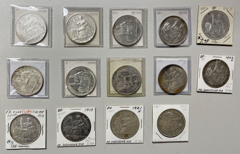 FRENCH INDOCHINA: LOT of 14 coins, all piastres, including 1908-A (1 pc), 1910-A...