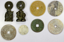 CHINA: LOT of 8 charms, a diverse group of bronze charms (2), Northern Song Chong Ning 10 cash coin (1), silver token (1), and jade or stone charms (4...