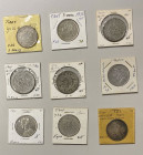 TIBET: LOT of 9 coins, group includes silver 3 srang 1935, 1937, 10 srang 1951 (3), Szechuan-Tibet trade rupees early type with collar and vertical ro...