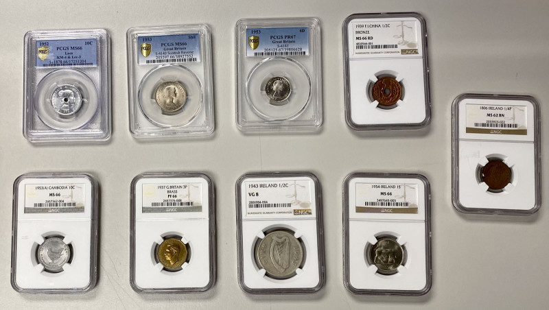 WORLDWIDE: Europe & Asia, LOT of 9 certified coins, all NGC-graded except where ...