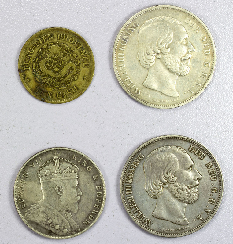 WORLDWIDE: Europe & Asia, LOT of 3 silver & 1 brass coins, Silver: Netherlands, ...