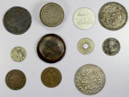 WORLDWIDE: LOT of 3 silver and 7 base metal items, better items are Sudan 20 piastres, KM-15 dated 1310 year 8 (AU) and KM-26 dated 1315 year 12 (VF);...