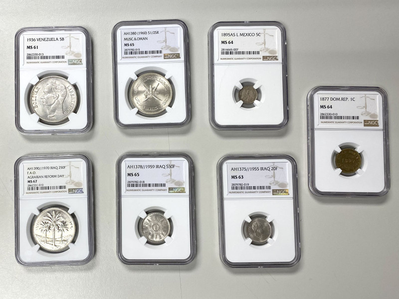 WORLDWIDE: LOT of 7 NGC-certified coins, including Dominican Republic: 1877 cent...